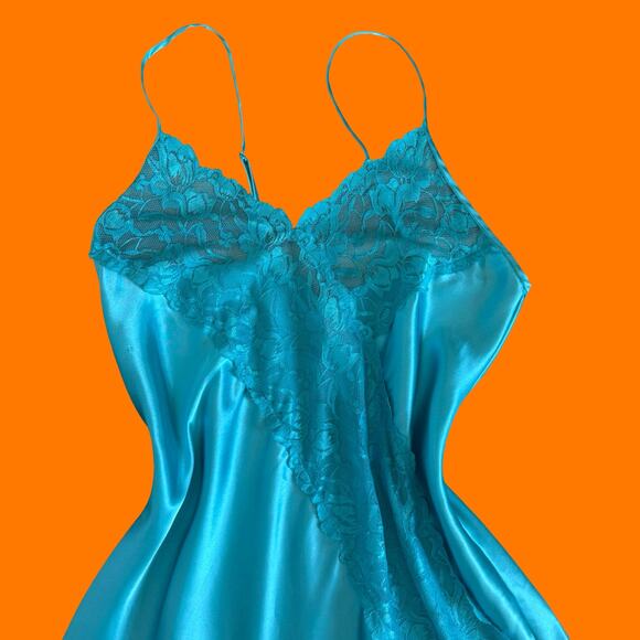 90's 00's vintage blue satin 100% polyester sheer floral lace y2K slip dress M - Picture 2 of 8